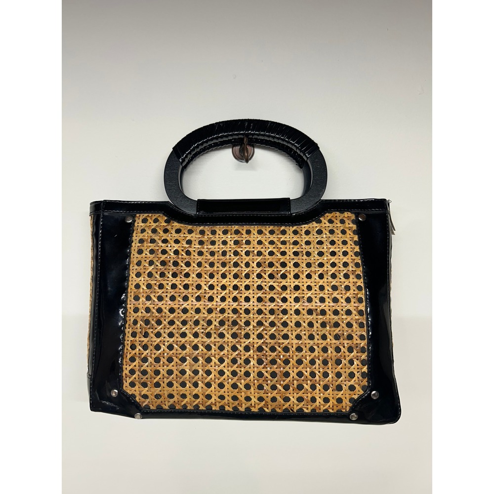 WHBM Woven Rattan Tote Black Patent Trim Top Handle Resort Bag - Picture 2 of 5